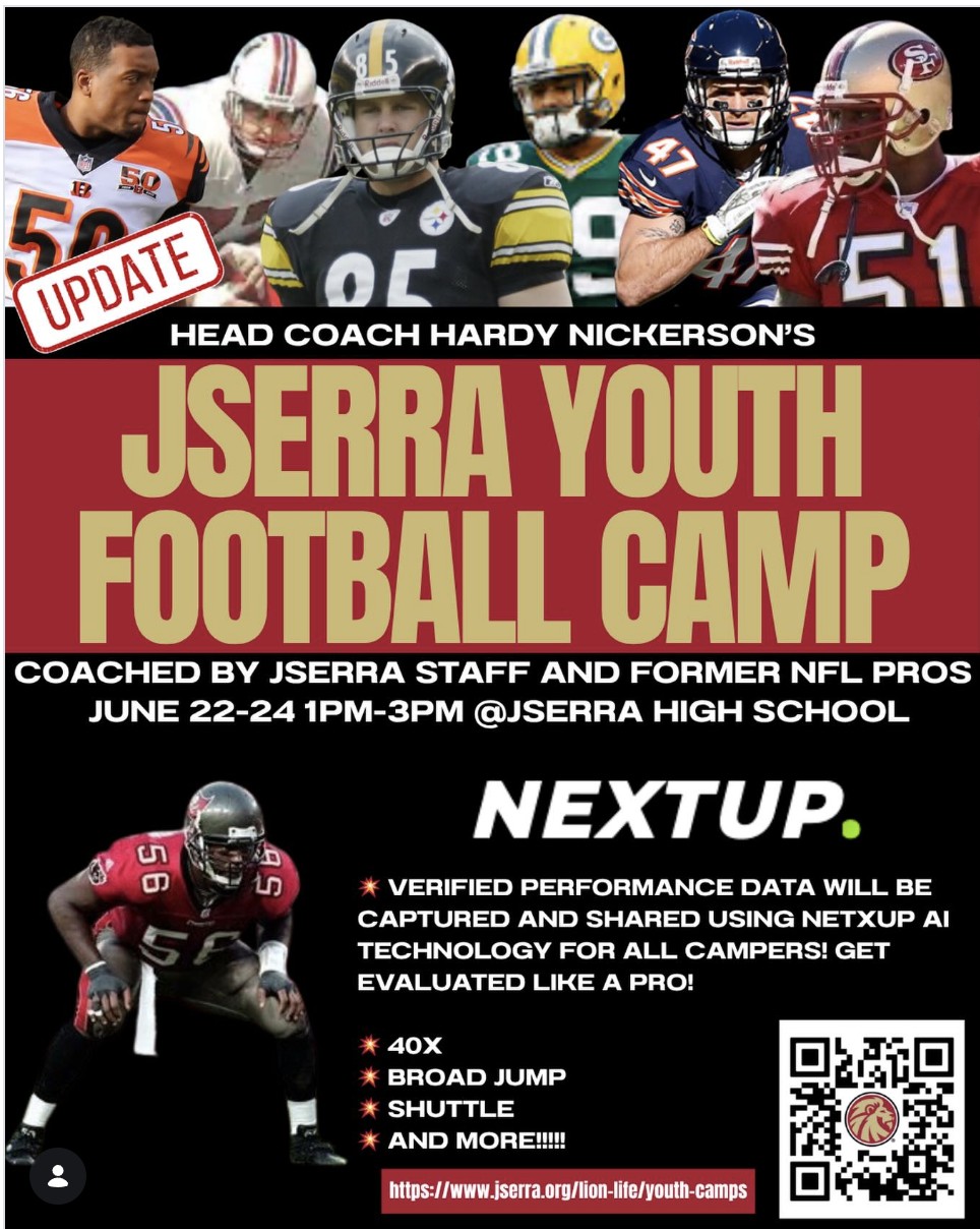 JSerra Youth Football Camp flyer — Head Coach Hardy Nickerson, June 22–24, 1–3 PM at JSerra High School. Coached by JSerra staff and former NFL pros. NextUp verified performance data.